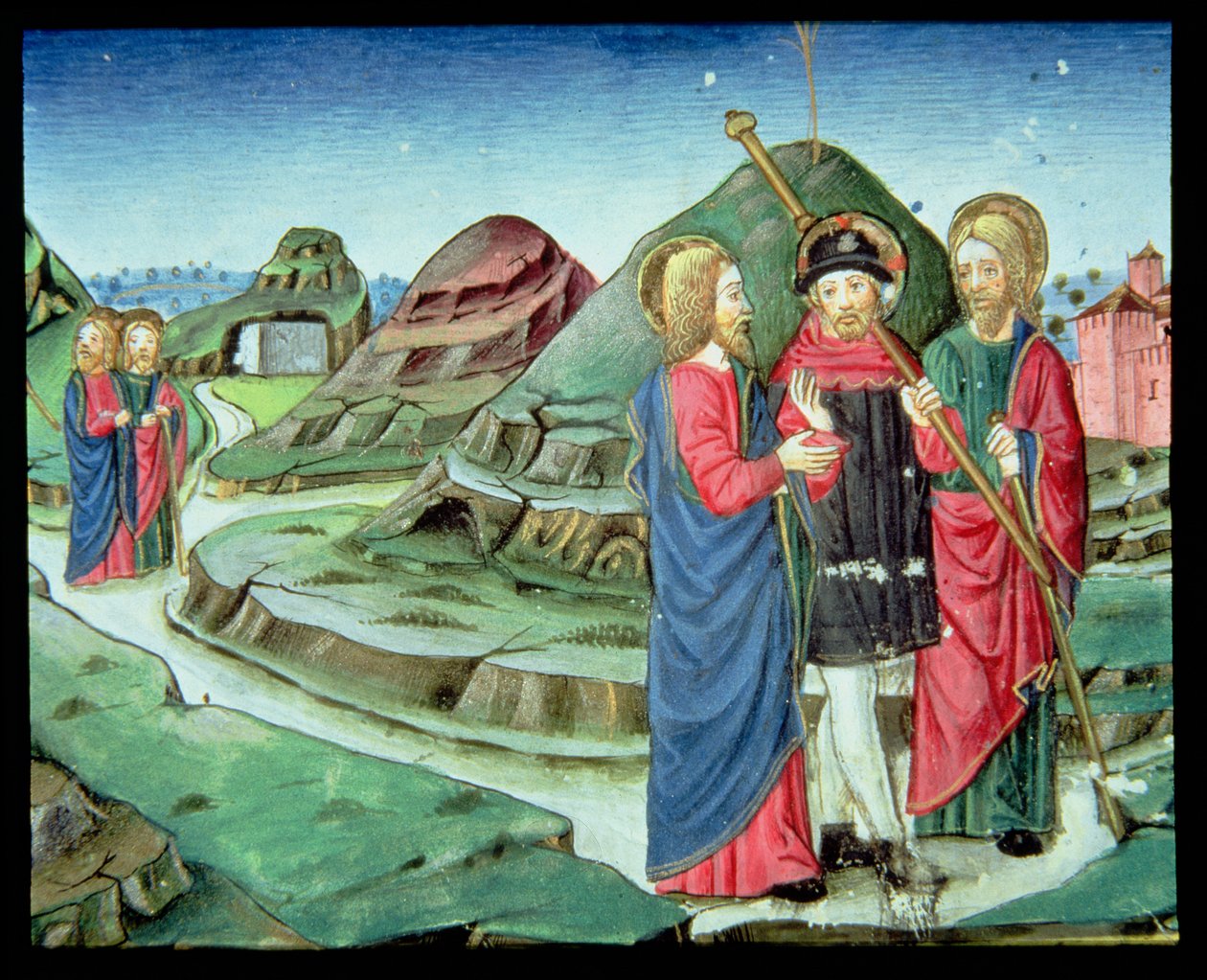 Fol.130v Kristus doprovází dva učedníky do Emauz, aniž by si uvědomili, že je to On (vellum) od Italian School