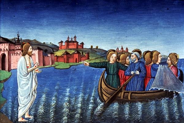 Fol.134r Učedníci loví ryby v Galilejském jezeře (vellum) od Italian School