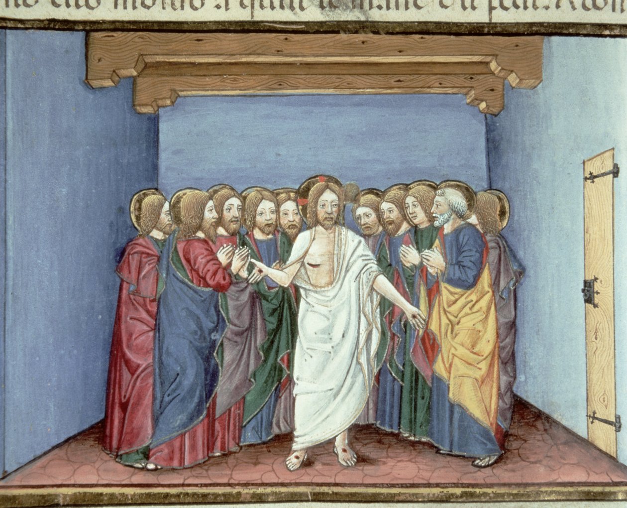 Fol.135v Ježíš se zjevuje učedníkům shromážděným pod jednou střechou ze strachu před soudci (vellum) od Italian School