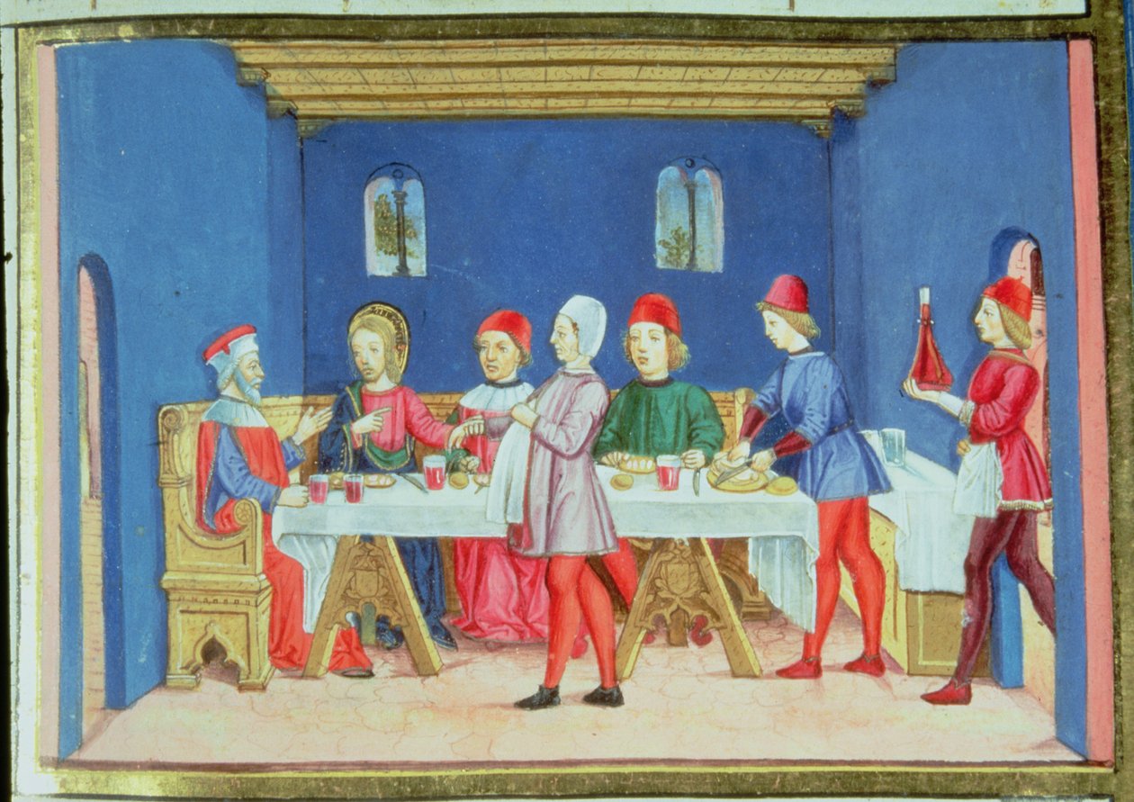 Fol.75v Ježíš při jídle v domě farizeů se ptá, zda smí uzdravovat o sabatu (vellum) od Italian School