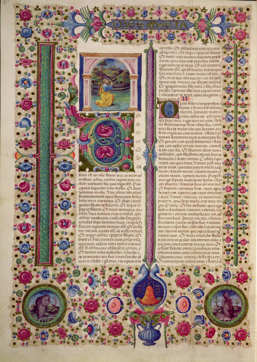 Fol.87v Otevření Knihy proroka Ozeáše (menšího proroka, který káže proti modlářským Židům), z Bible Borso d