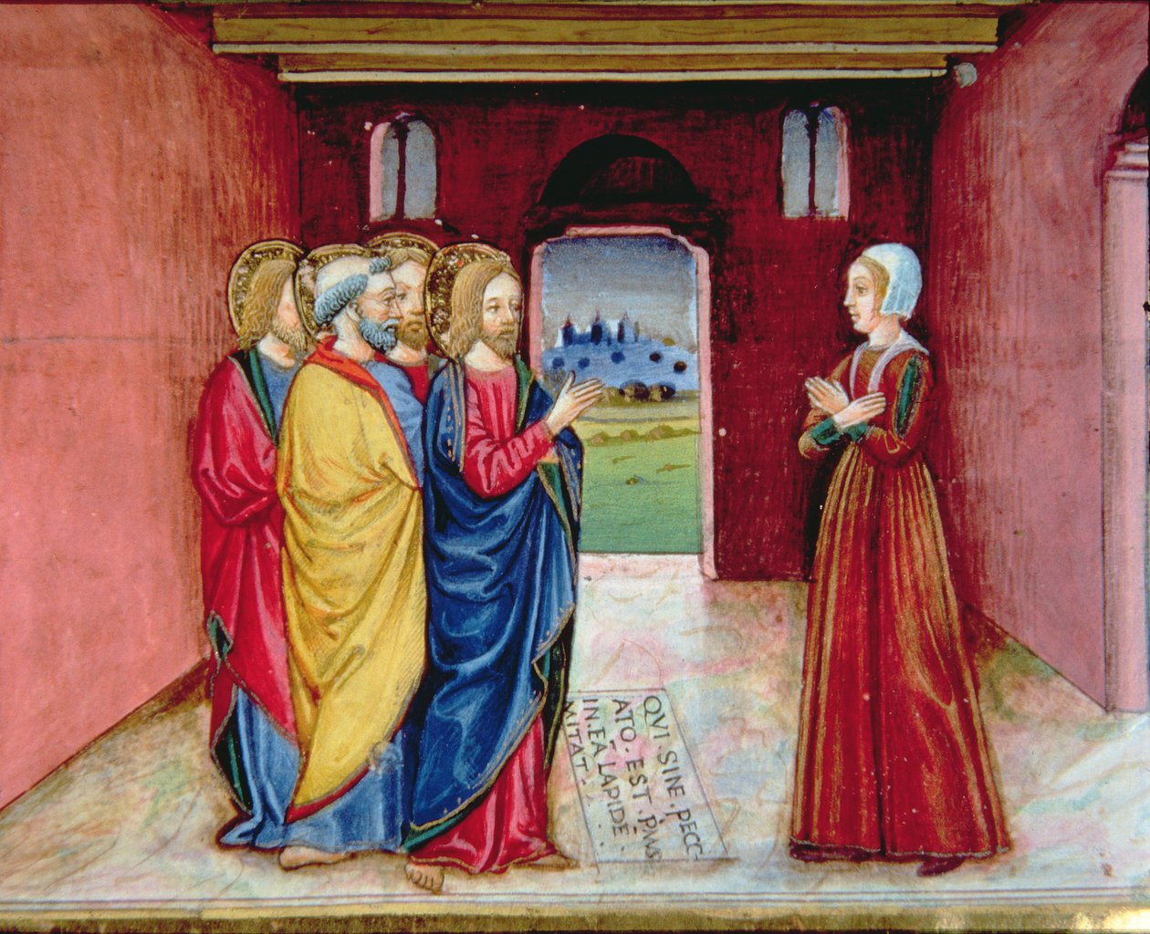 Fol.89v Kristus varuje cizoložnici, aby již nehřešila (vellum) od Italian School