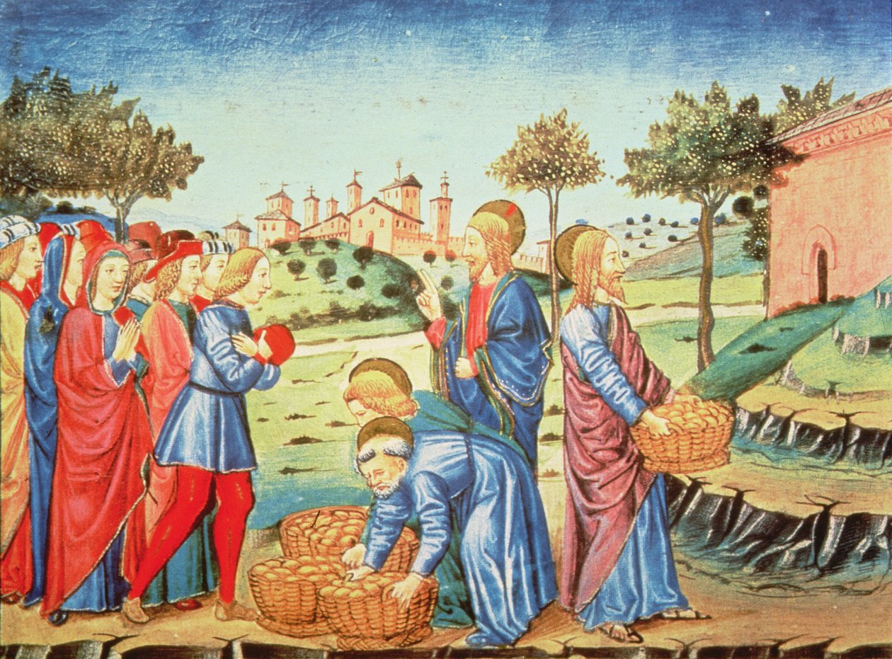 Fol.90v Kristus a zázrak pěti chlebů a dvou ryb (vellum) od Italian School