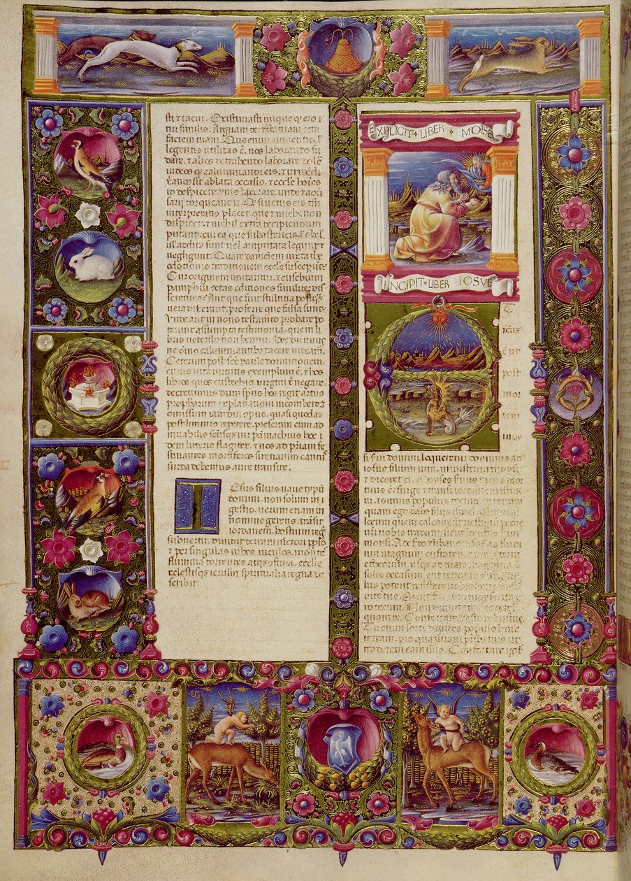 Fol. Konec knihy Mojžíšovy, začátek knihy Jozue, z Bible Borso d