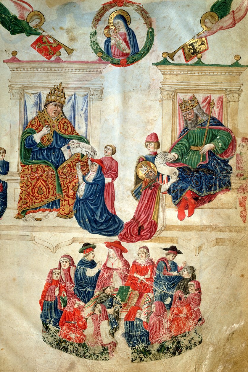 Založení Boloňské univerzity císařem Theodosiem II. (408-450) a privilegia udělená papežem Pavlem II. (1417-71) (vellum) od Italian School