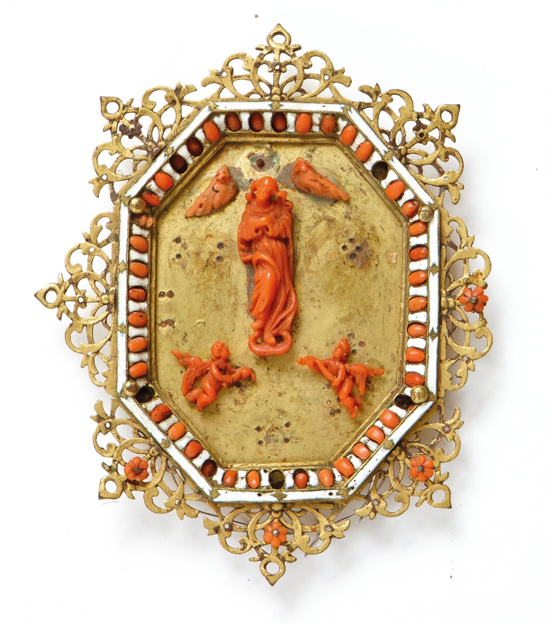 Rám zobrazující Neposkvrněnou Pannu, Trapani, polovina 17. století (zlacená měď, smalt a korály) od Italian School