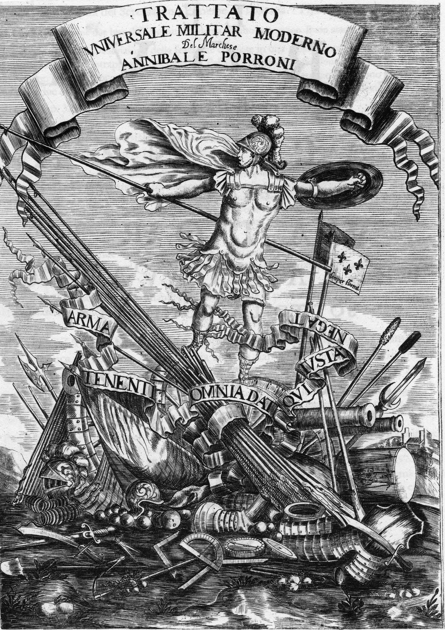 Frontispice „Moderní univerzální vojenské smlouvy“ “ (Moderní univerzální vojenská smlouva) z roku 1676 od Italian School