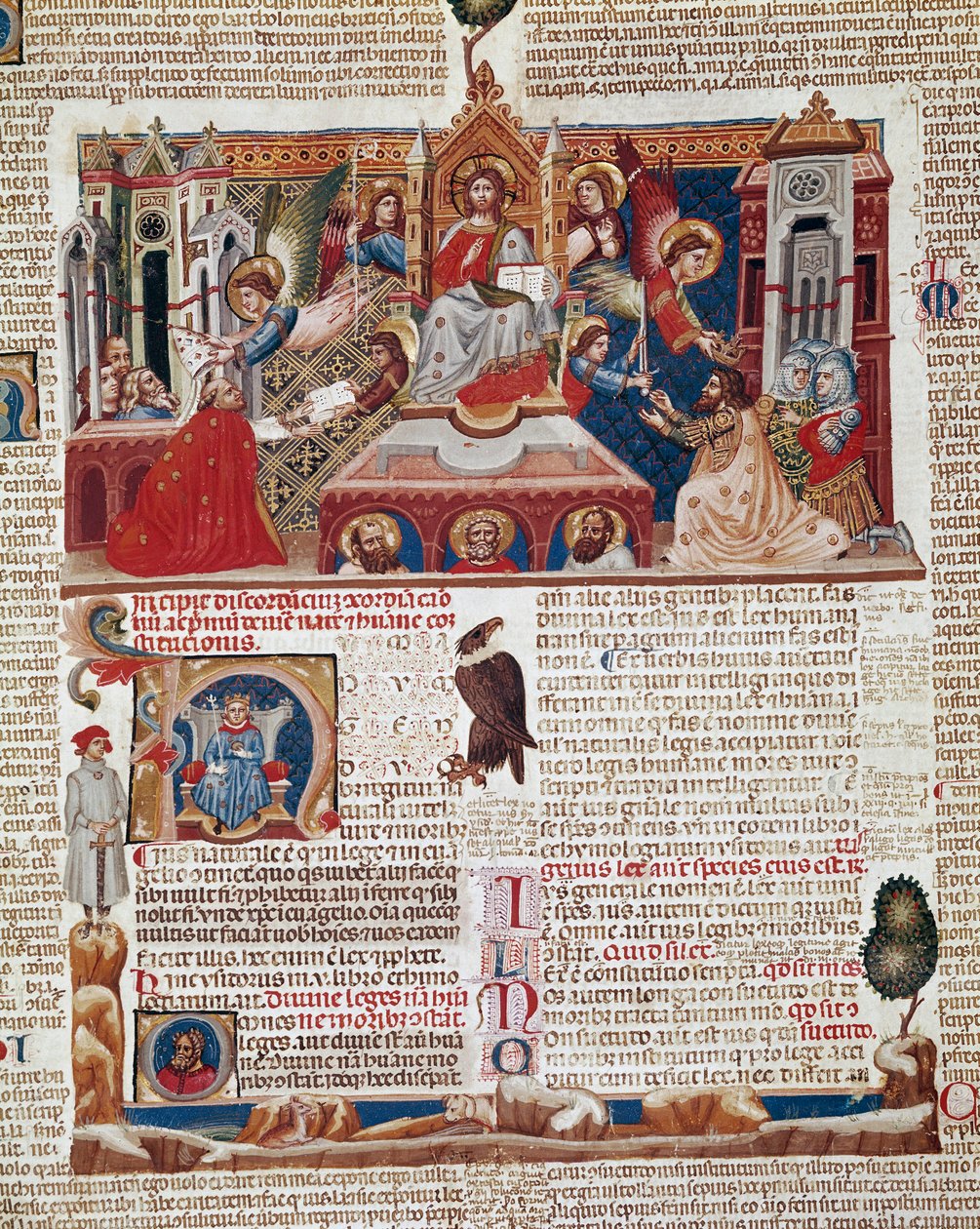 Frontispice strana rukopisu "Decret de Gratien" ("Concordia discordantiorum canonum" nebo "Decretum Gratiani") z roku 1140 a upravující zákony a kánony římskokatolické církve. Siena 14. století, Biblioteca degli Intronati od Italian School