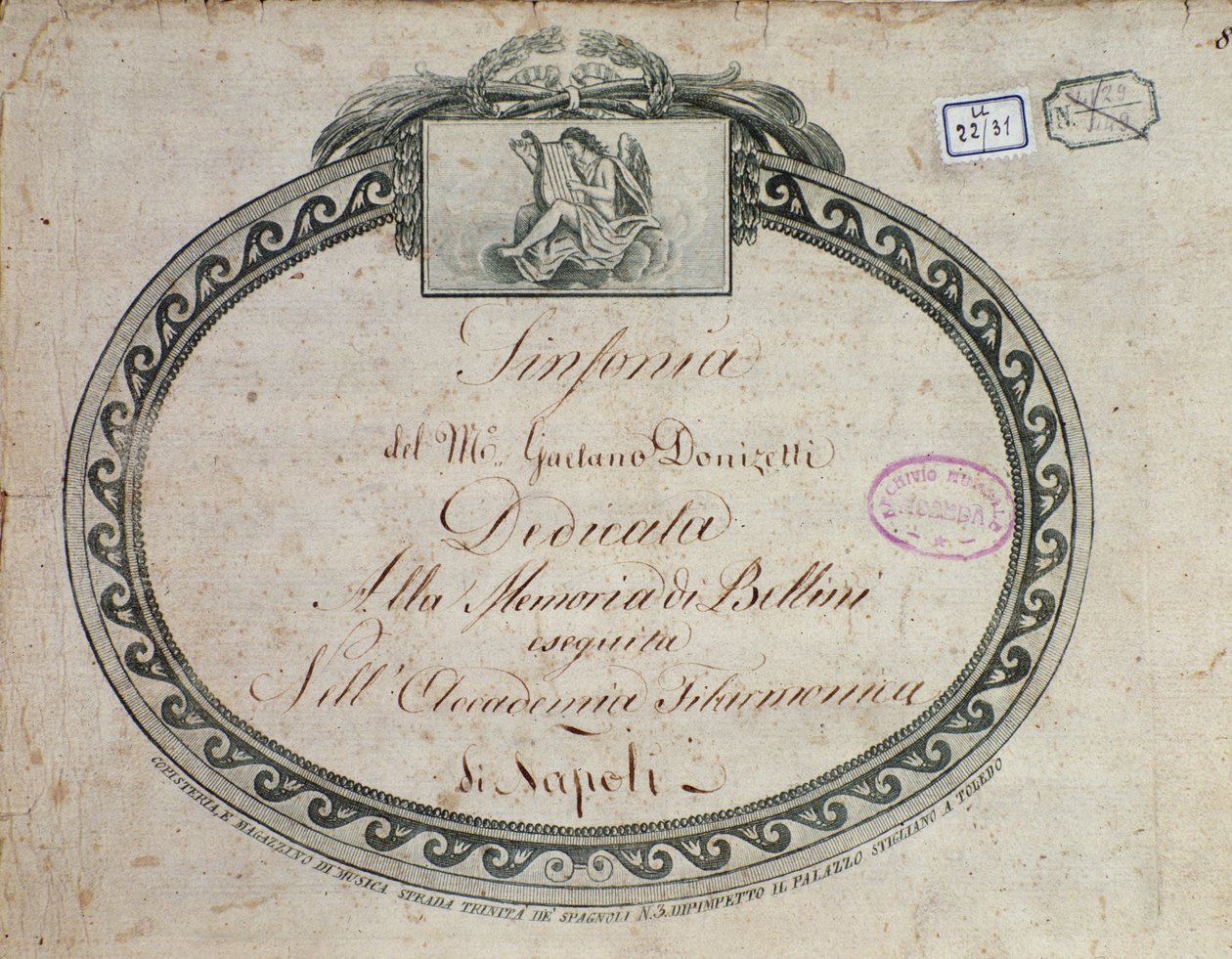 Detail frontispisu "Symfonie Es dur: věnované památce Belliniho" od Gaetana Donizettiho (1797-1848). od Italian School