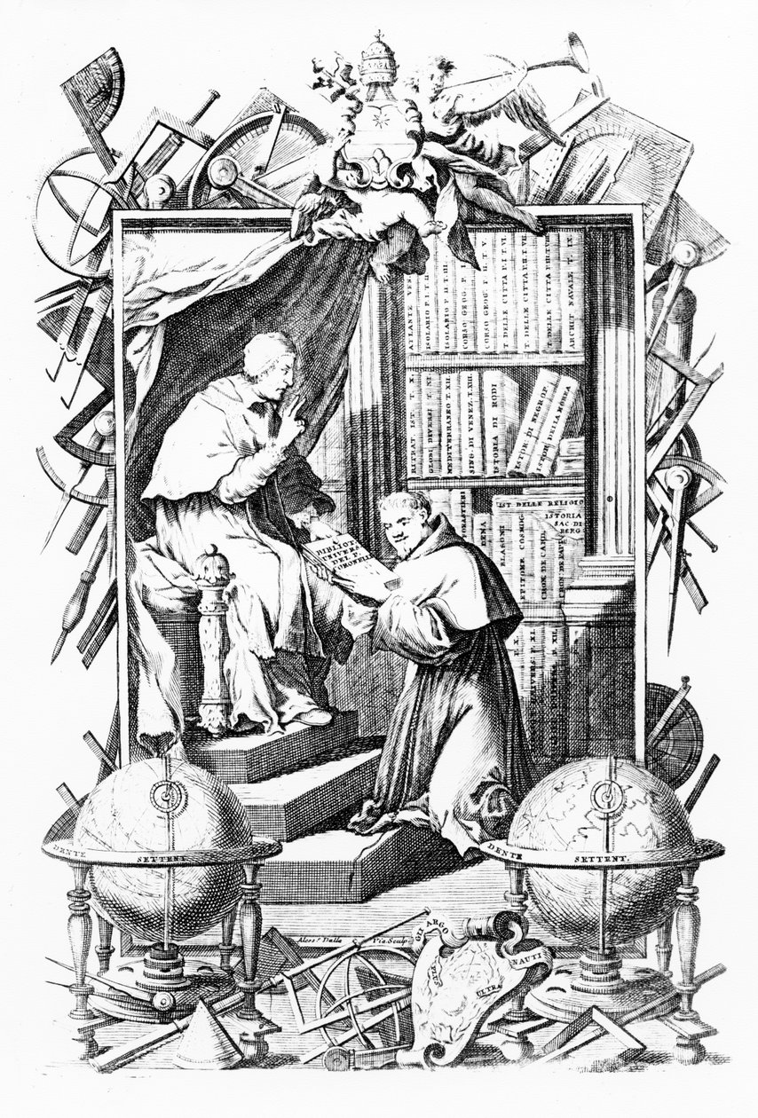 Frontispis pro Sacred-Profane Universal Library, svazek 1, Vincenzo Coronelli, tisk vytvořil Alessandro dalla Via, vydáno 1701 od Italian School