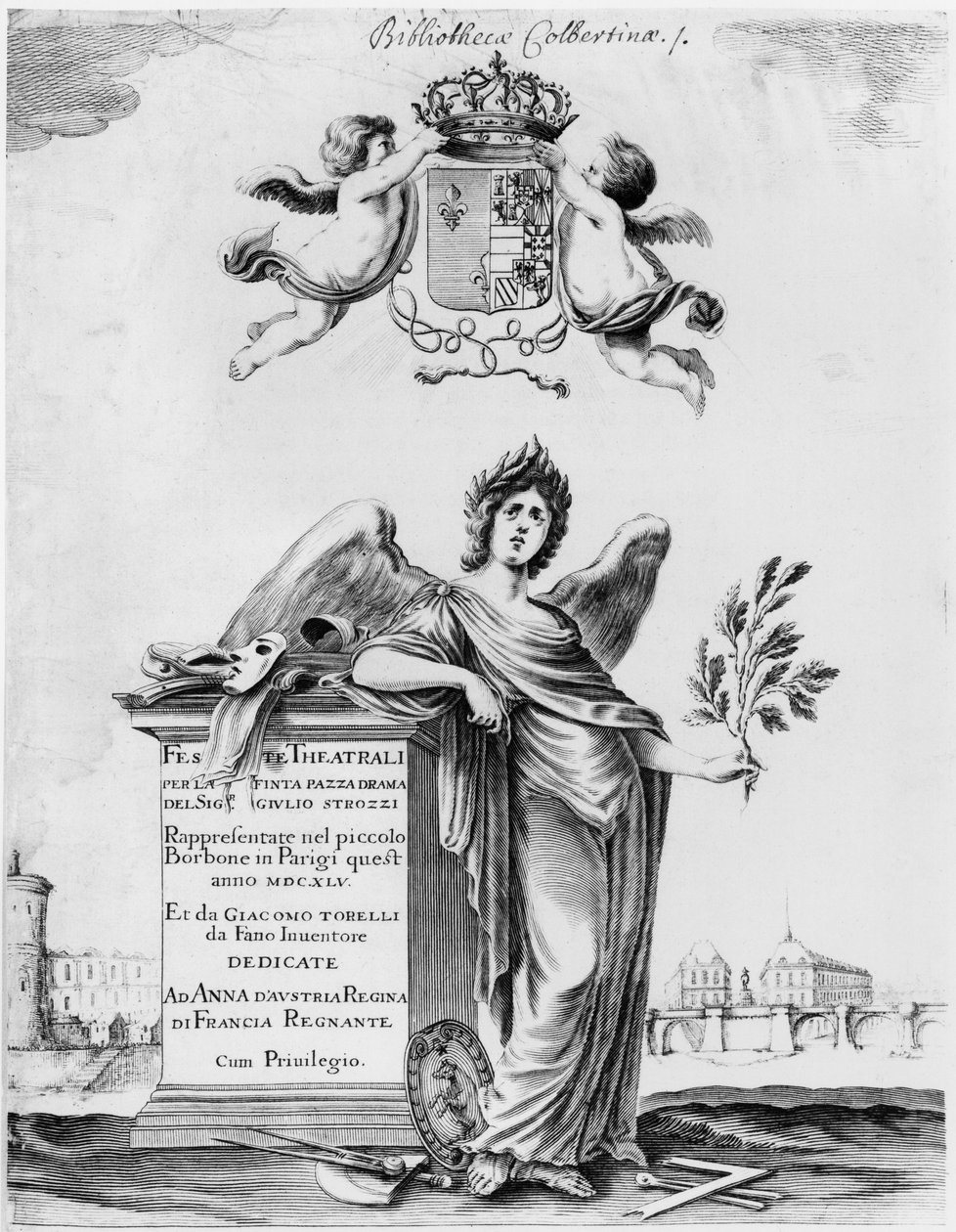 Frontispis pro Feste theatrali per la Finta Pazza uvedený v roce 1645 v divadle Petit Bourbon v Paříži od Italian School