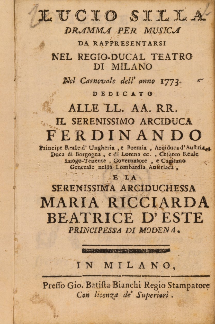Frontispis z Mozartovy hry Lucio Silla, provedené v Miláně v roce 1773 od Italian School