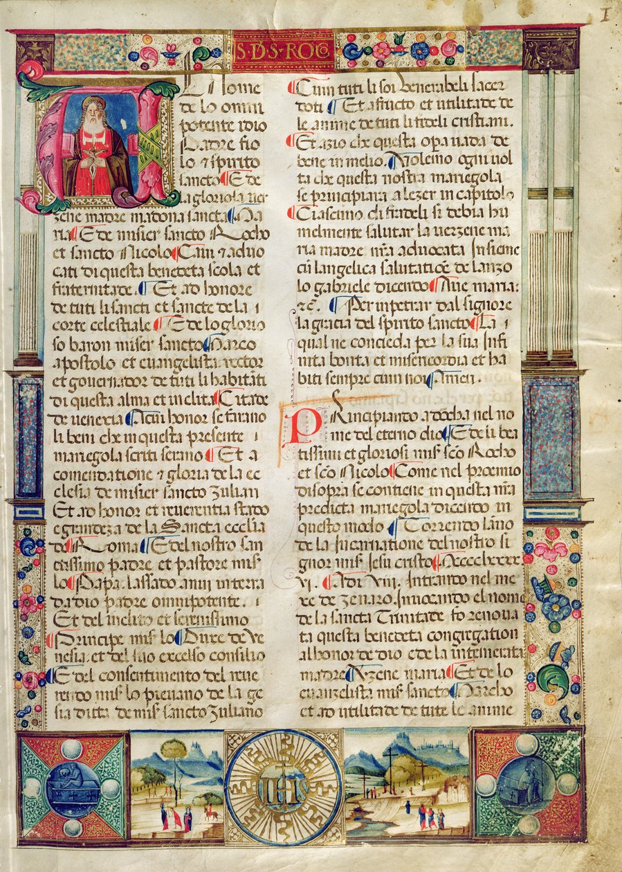 Frontispis, z Mariegoly laického cechu sv. Rocca a sv. Mikuláše od Italian School