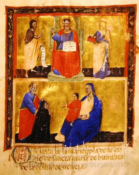 Frontispis, z Mariegoly z laického cechu Bratrstva Madony dellUmilita, 1391 (inkoust a zlatý list na pergamenu) od Italian School