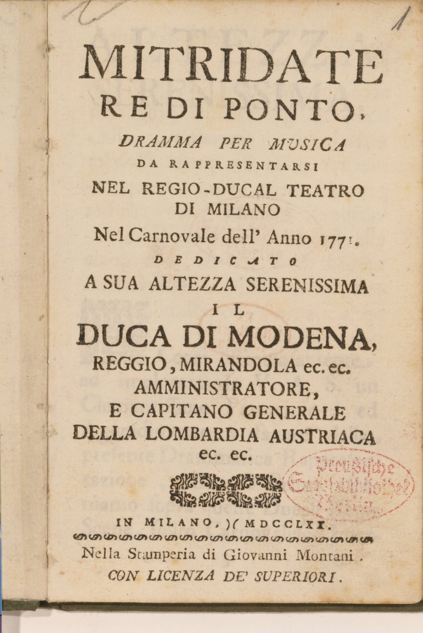 Frontispis z rané kopie opery Mitridate, re di Ponte Wolfganga Amadea Mozarta, 1770. od Italian School