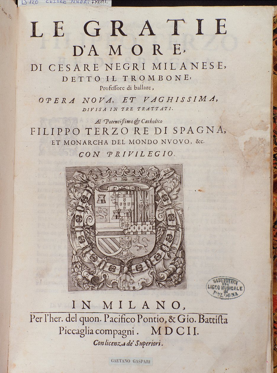 Frontispiece Le Gratie dAmore (Le Grazie dAmore) od italského tanečníka Cesare Negriho zvaného Il Trombone (1536-1604), smlouva o tanci od Italian School