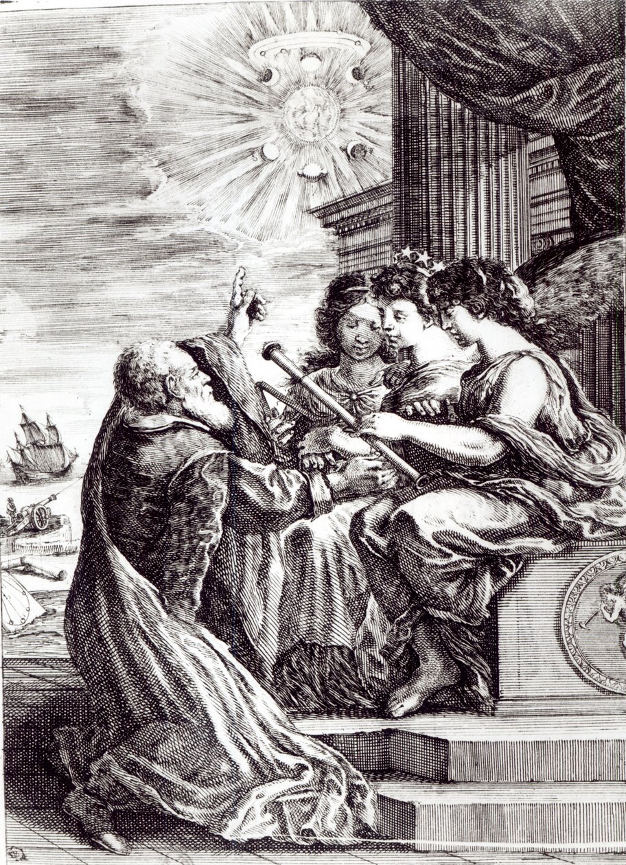Frontispis Opere di Galileo Galilei, vydaný v Bologni v roce 1656 od Italian School