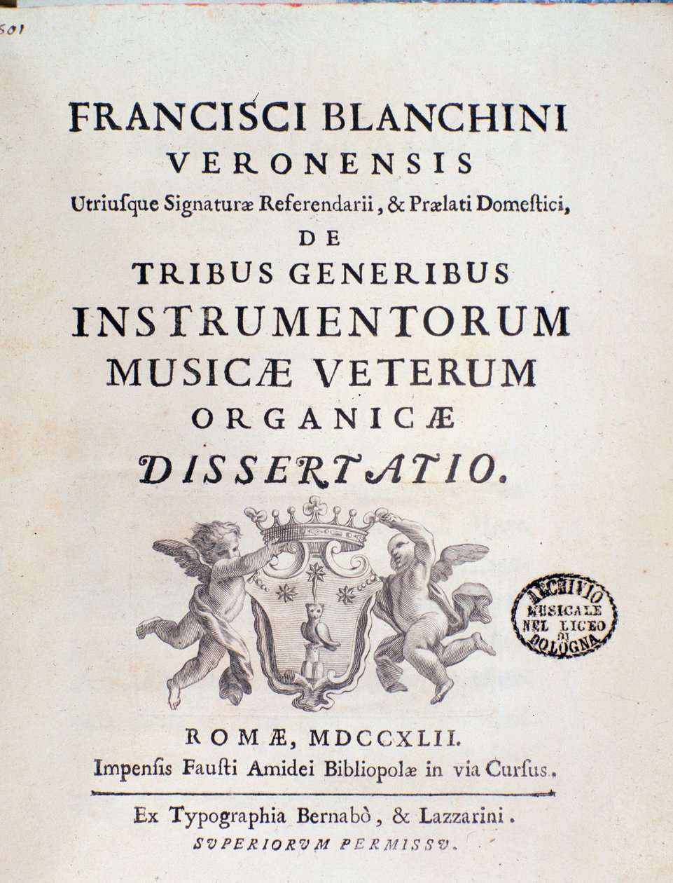 Frontispiece díla "" od Tribe Instrumentorum Musicae Veterum"" o starých hudebních nástrojích od Francesca Brea od Italian School