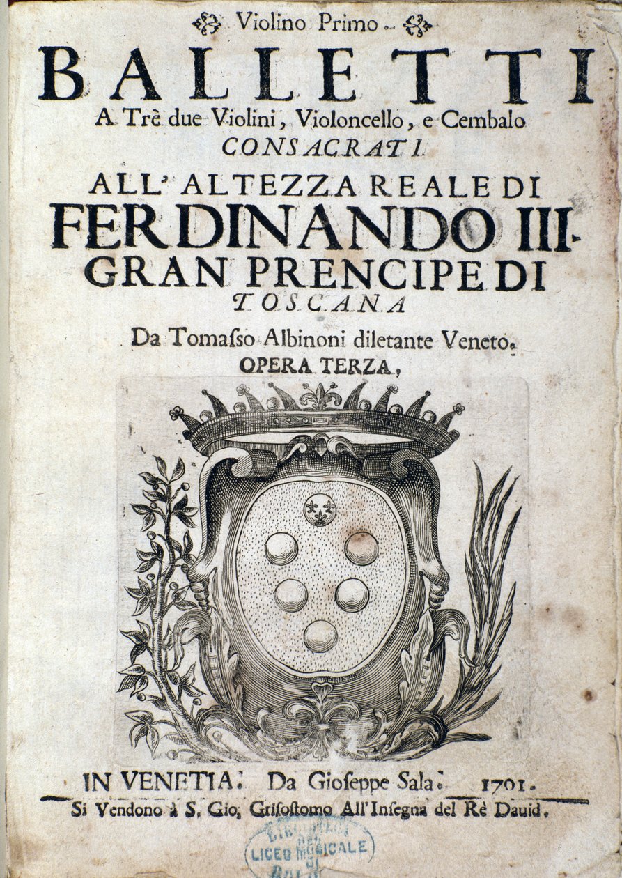 Frontispis partitury Balletti a tre, opera III Tomaso Albinoni (1671-1750) od Italian School