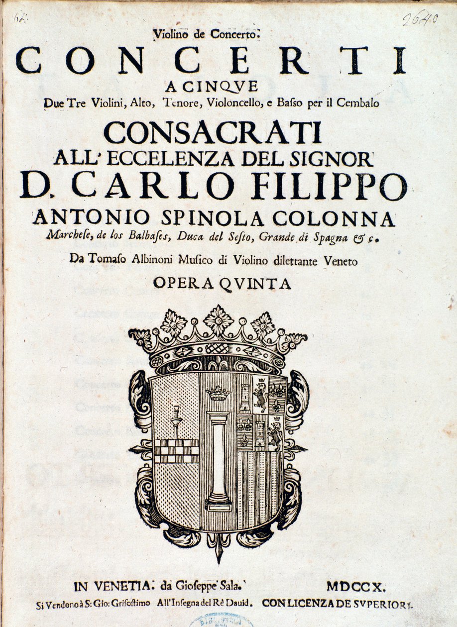 Frontispis partitury „Concerti a cinque, opera 5“ od Tomase Albinoniho od Italian School