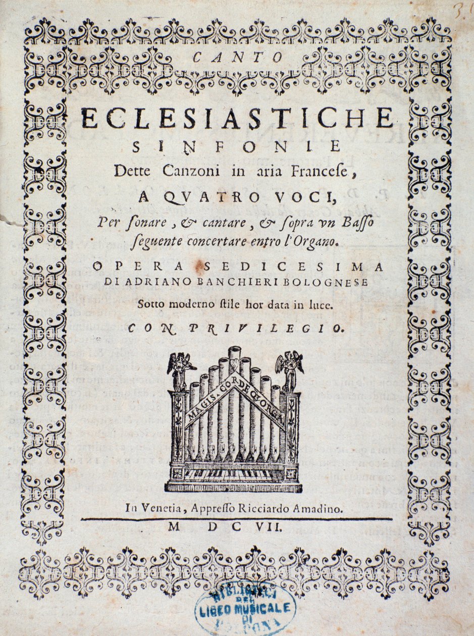 Frontispis hudební partitury Koncertu 5 ve "" francouzských písních "" od Adriana Banchieriho od Italian School