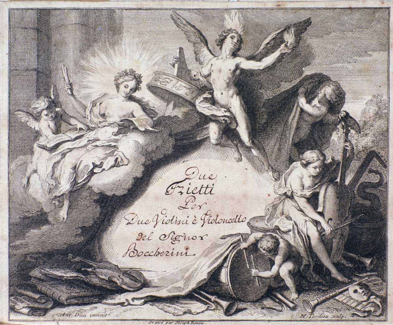 Frontispis partitury Due trietti per due housle a violoncello Luigiho Boccheriniho od Italian School