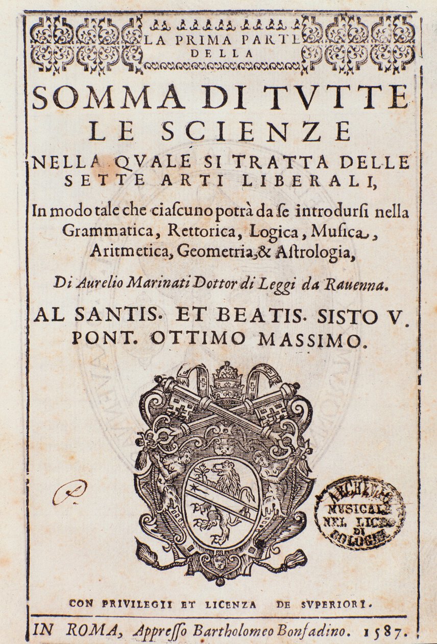 Frontispis převzat z Sum of all sciences, esej o svobodných uměních, od Aurelia Marinatiho od Italian School