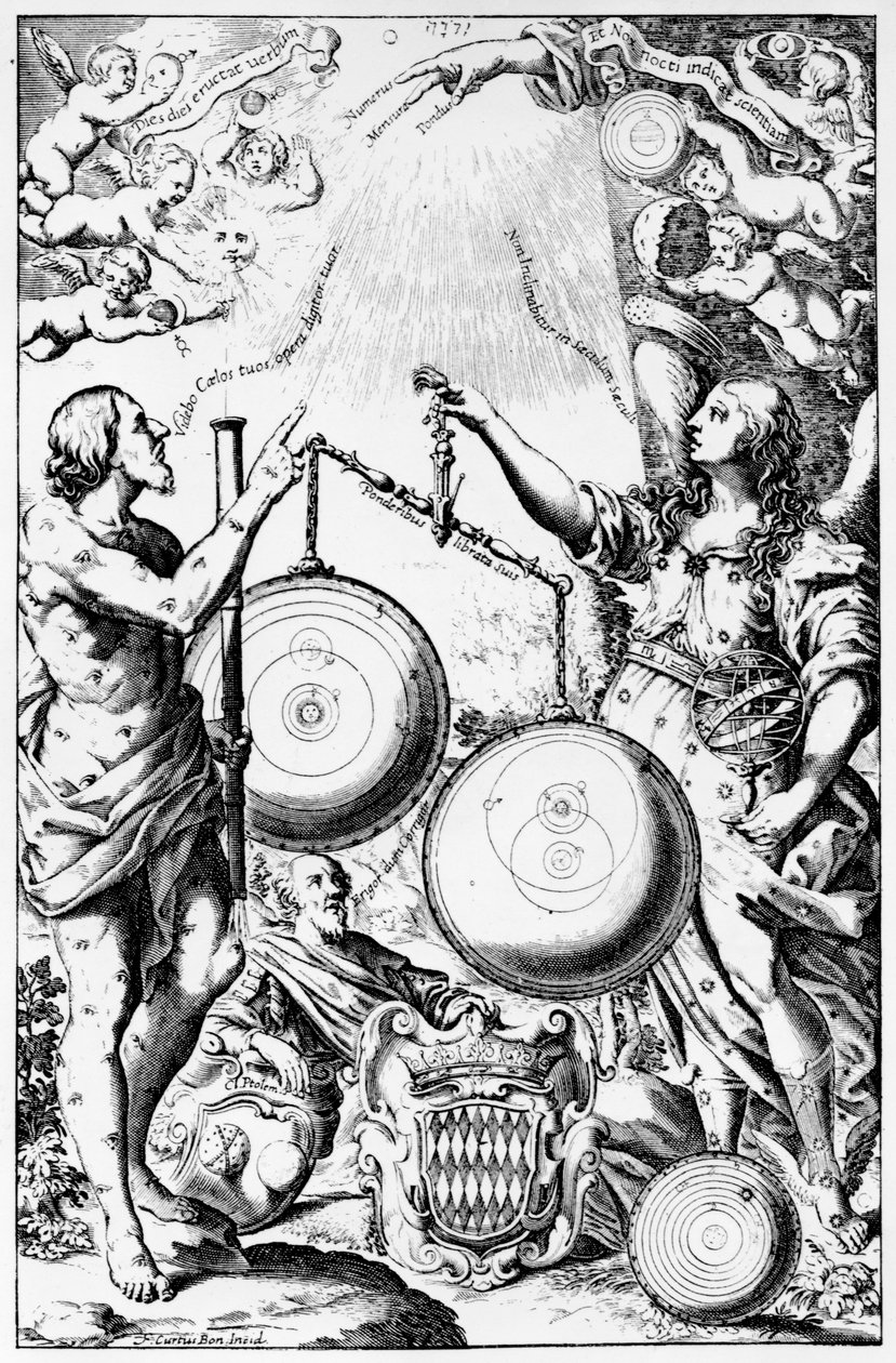 Frontispis k Almagestum Novum od Giovanniho Battisty Riccioliho, publikoval v roce 1651 od Italian School
