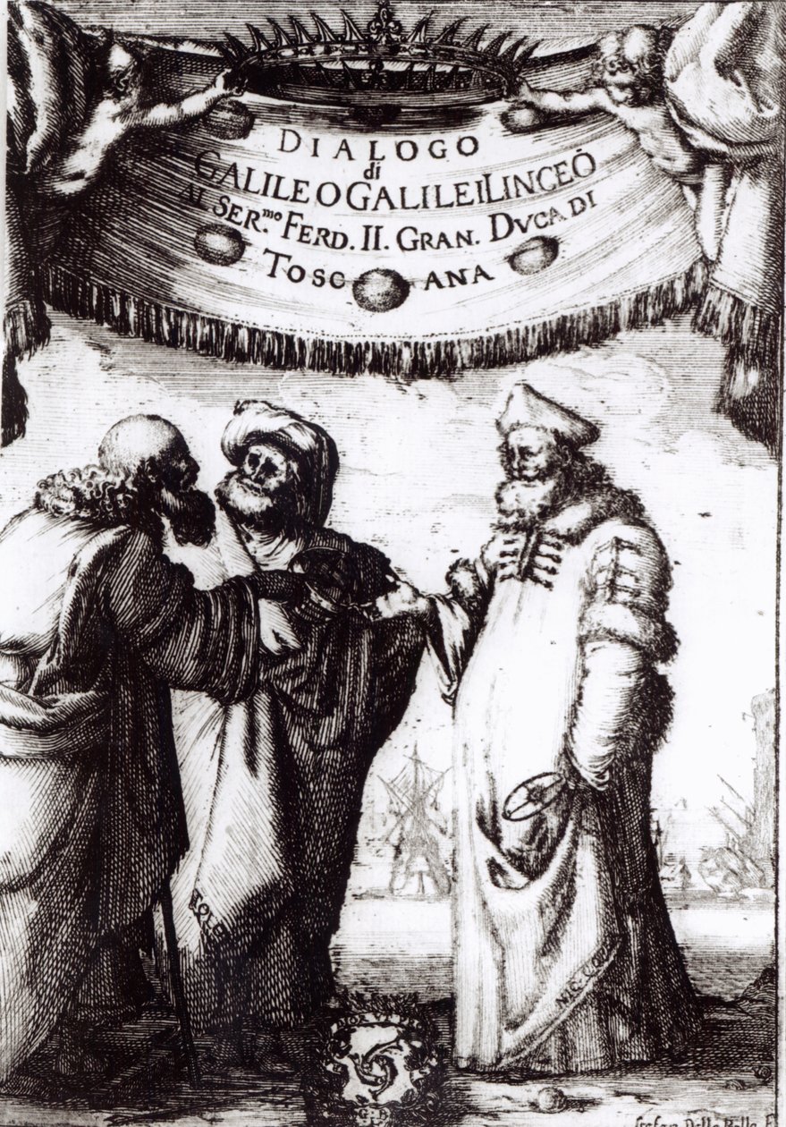Frontispis k dialogu o dvou největších systémech světa od Galilea, vydaný v roce 1632 od Italian School