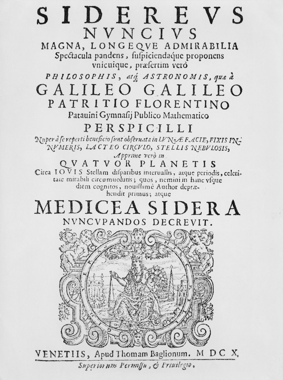 Frontispis knihy Sidereus Nuncius, Galileo Galilei, 1610 od Italian School