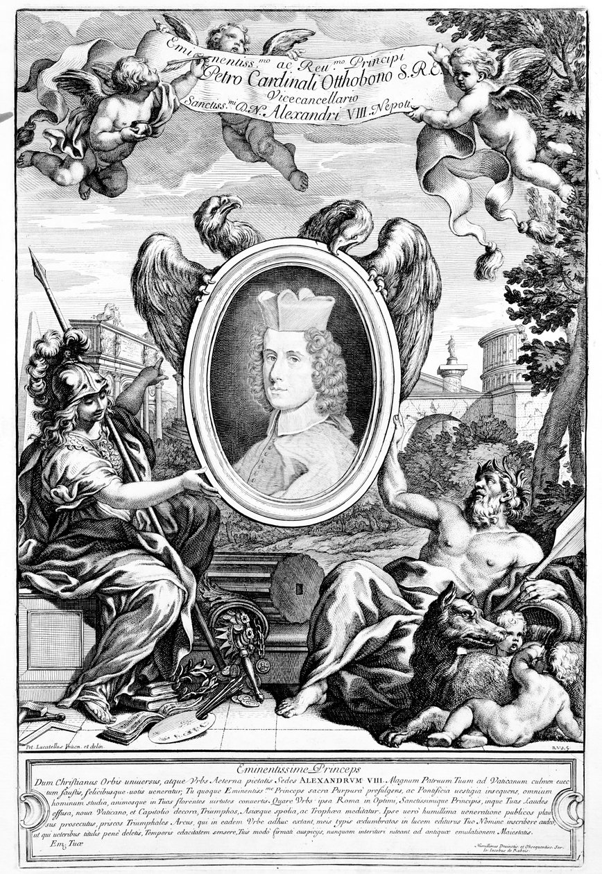 Průčelí starověkého Augustova oblouku s portrétem kardinála Pietra Ottoboniho, vyryté Robertem van Audenaerde, 1690 od Italian School