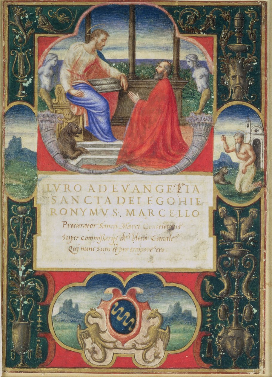 G. Marcello klečící před svatým Markem a svatým Jeronýmem a erb rodiny Marcello, 1537 od Italian School