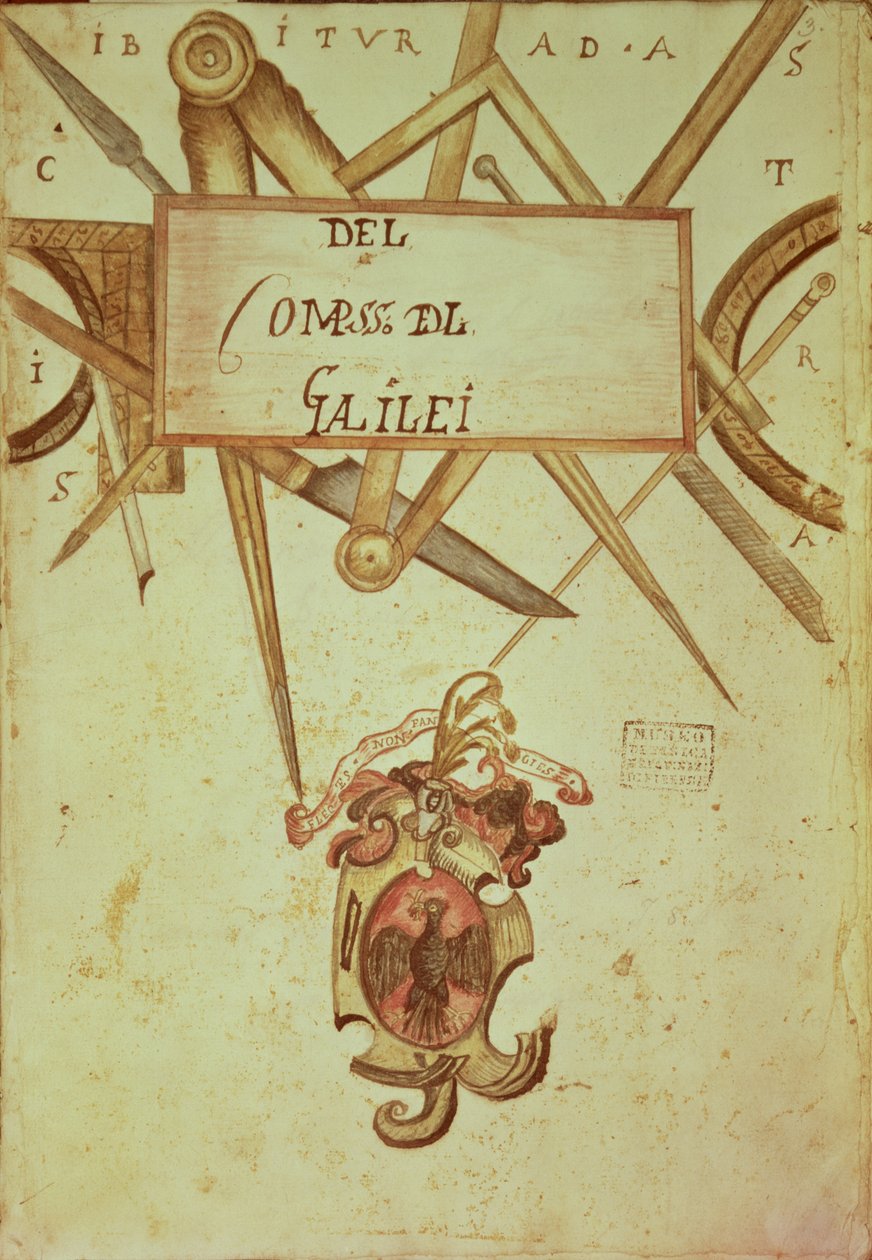 Gal.37 f.3r Frontispis k rukopisu knihy Galileo Galileiho (1564-1642) "The Operation of Geometric and Military Compasses". od Italian School
