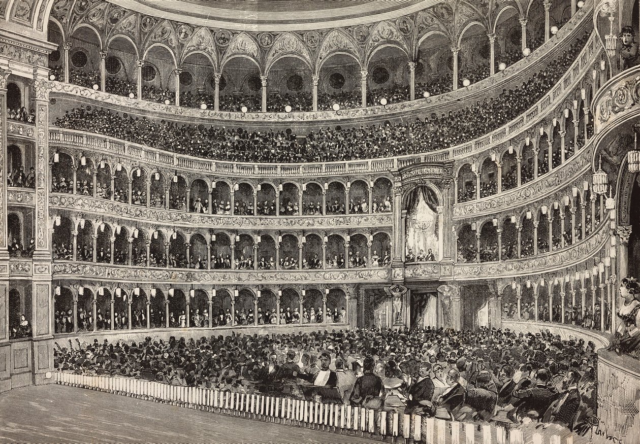 Galavečer v divadle Costanzo na počest korunního prince Německa (budoucího Fridricha III.), Řím, Itálie, rytina z kresby Dante Paolocci, z L