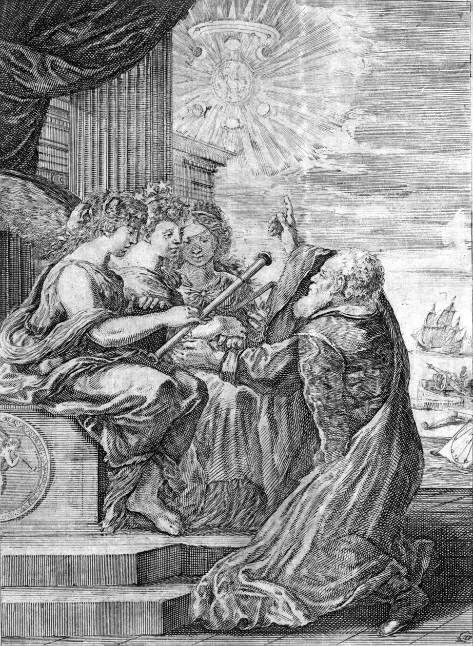 Galileo, astronom (1564 - 1642) předává dalekohled třem graciím. Pravou rukou ukazuje planetu Jupiter se svými satelity, které objevil a věnoval rodině Medici. Frontispice de “” Opera di Galileo”” Bologna od Italian School