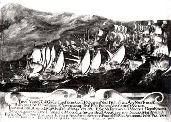 Generál Francisco Morosini (1618-94) a benátská flotila při setkání s tureckou flotilou u pobřeží Kréty, květen 1661 od Italian School