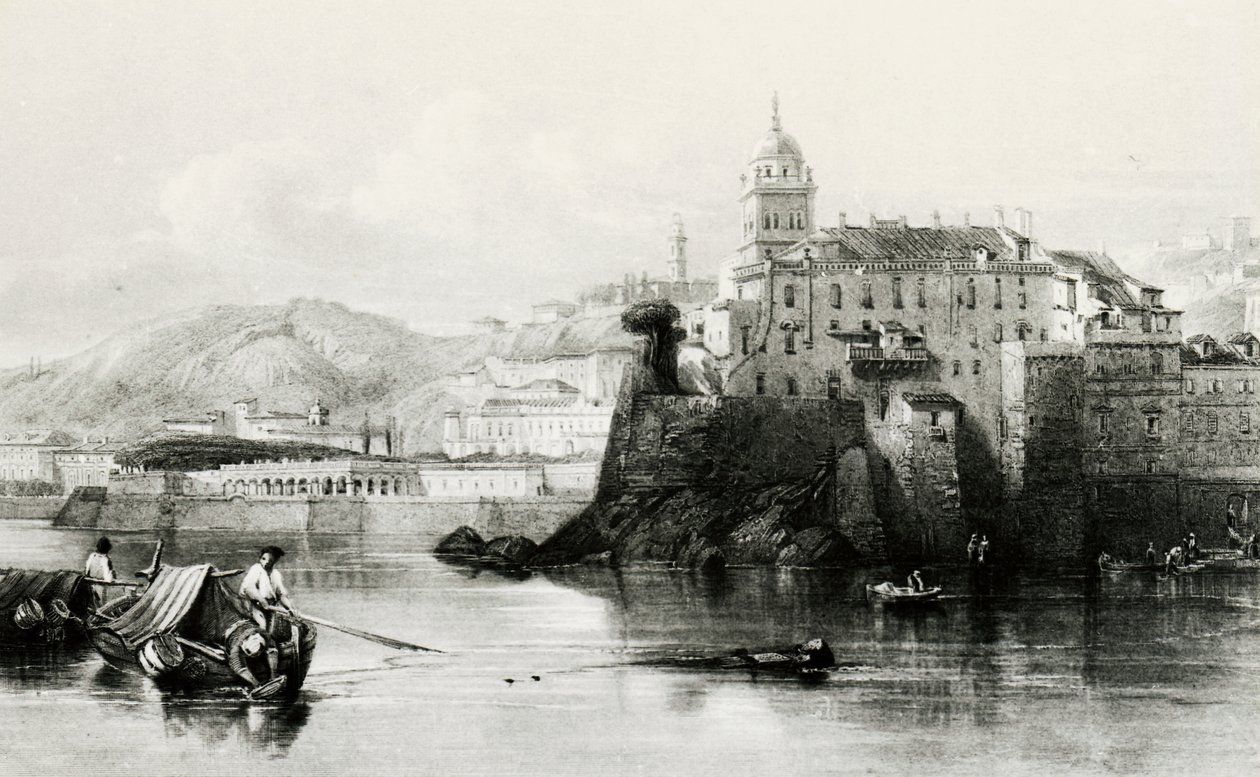 Stěna janovského přístavu s Villa Doria Pamphili v pozadí, rytina, cca 1850, Itálie od Italian School