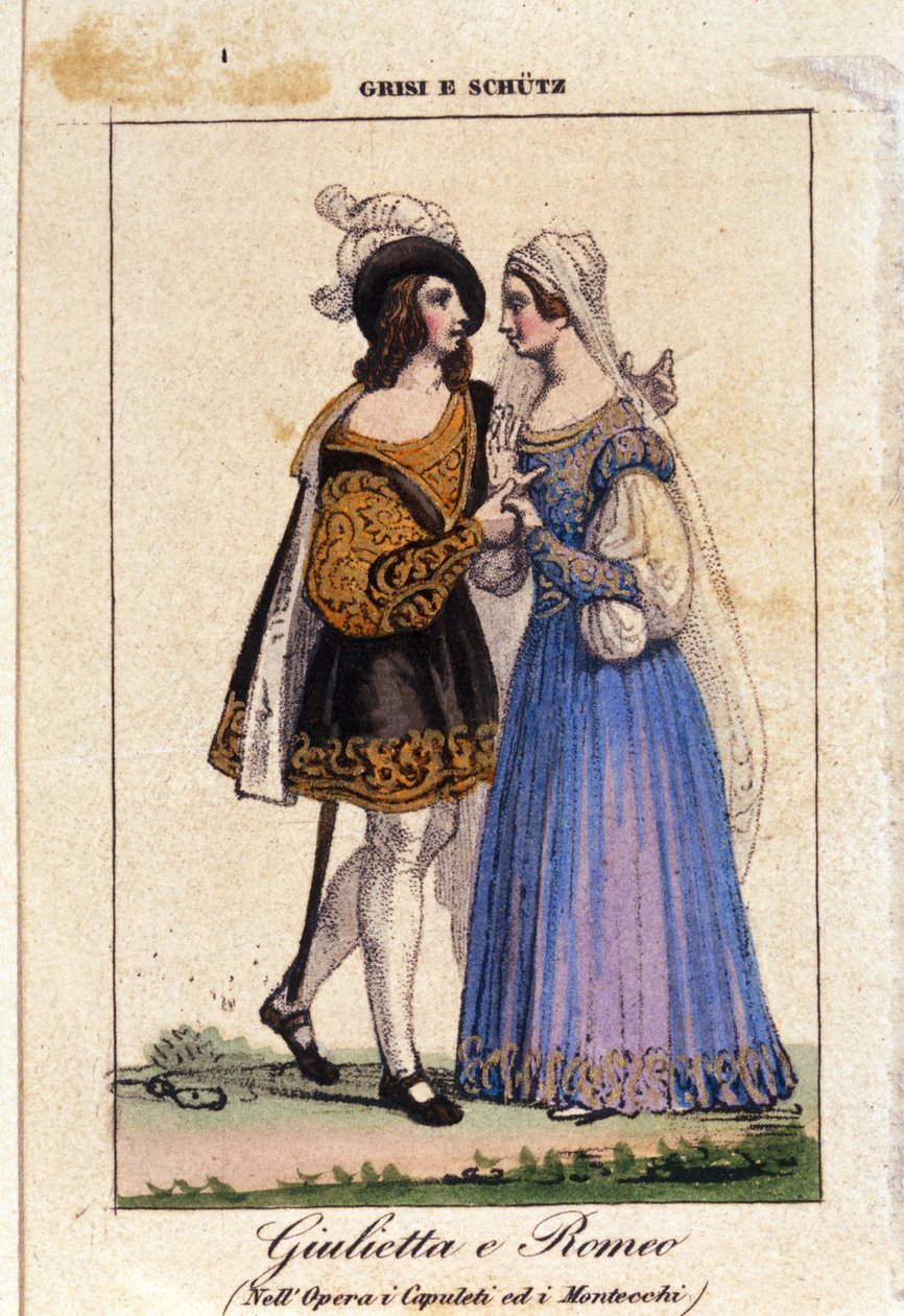 Giulia Grisi a Schutz interpretují Romea a Julii v „I Capuleti e i Montecchi“ (Les Capulet et les Montaigu) od Vincenza Belliniho od Italian School