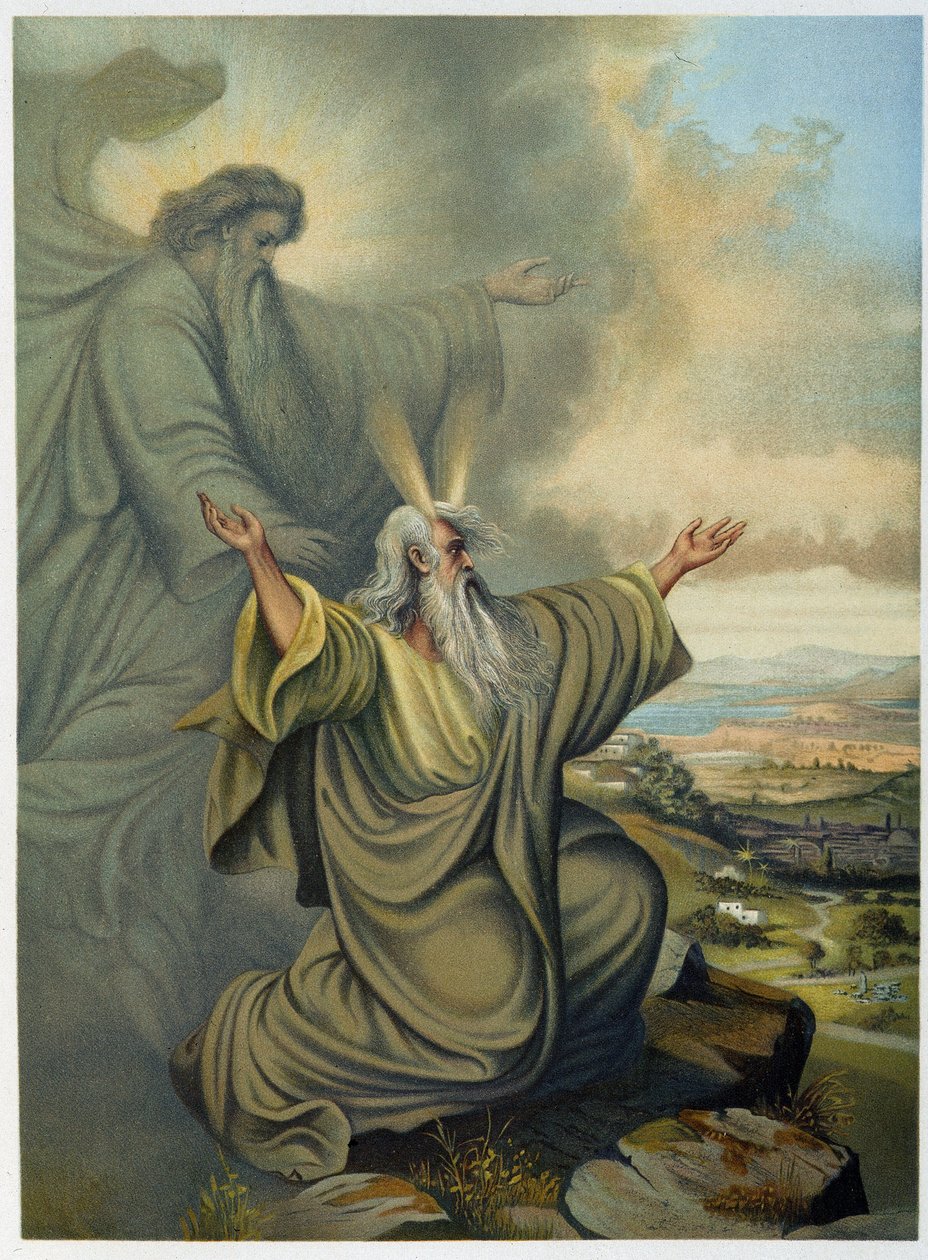 Bůh ukazuje Mojžíšovi zemi zaslíbenou – v „Classic Golden Bible: History of Divine Revelation in the Ancient and New Tension“ od Giovanniho Ladislao Sykory (vol. 1), přeložil Don Clemente Benetti. (italská bible) od Italian School