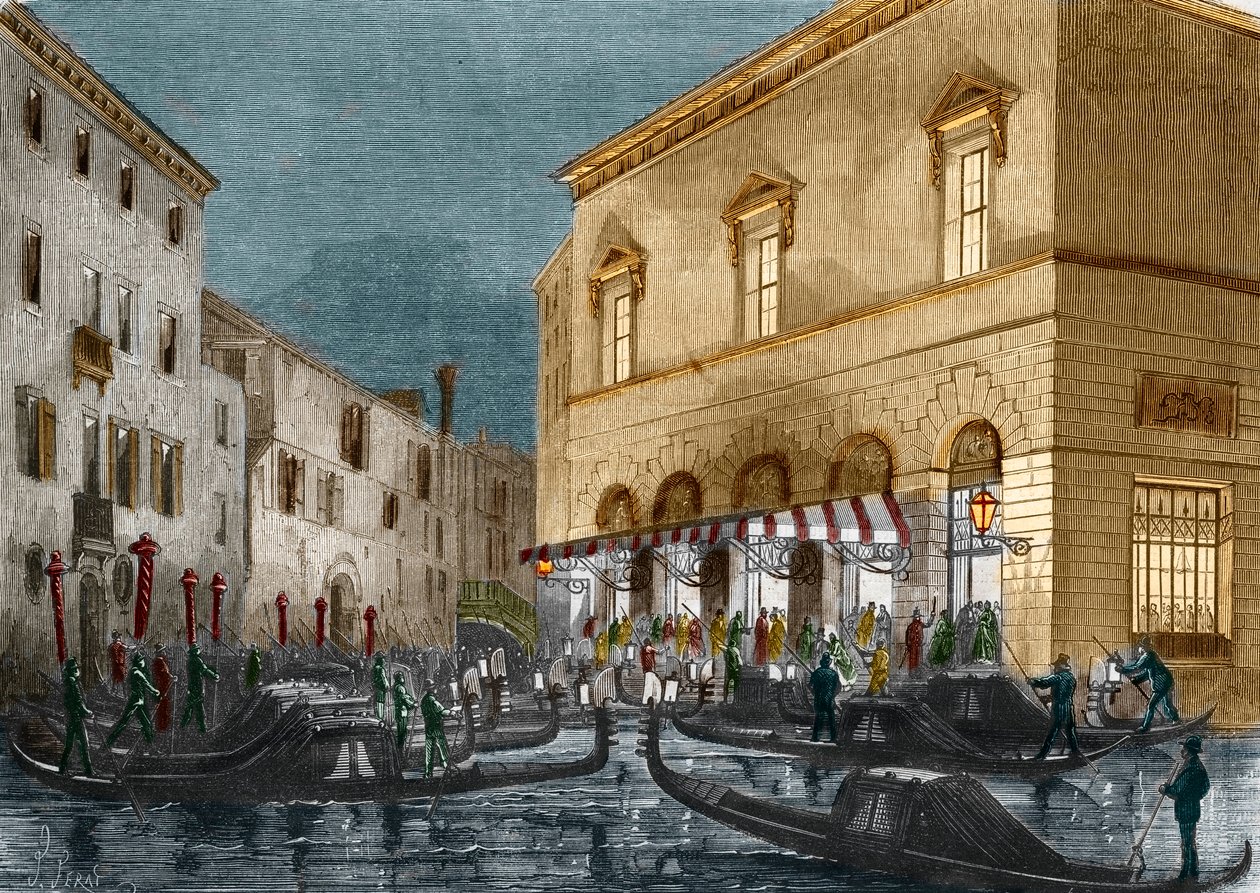 Gondoliéři čekající na diváky před Teatro La Fenice, Benátky, Itálie, z Le Monde Illustre č. 564, 1868 od Italian School