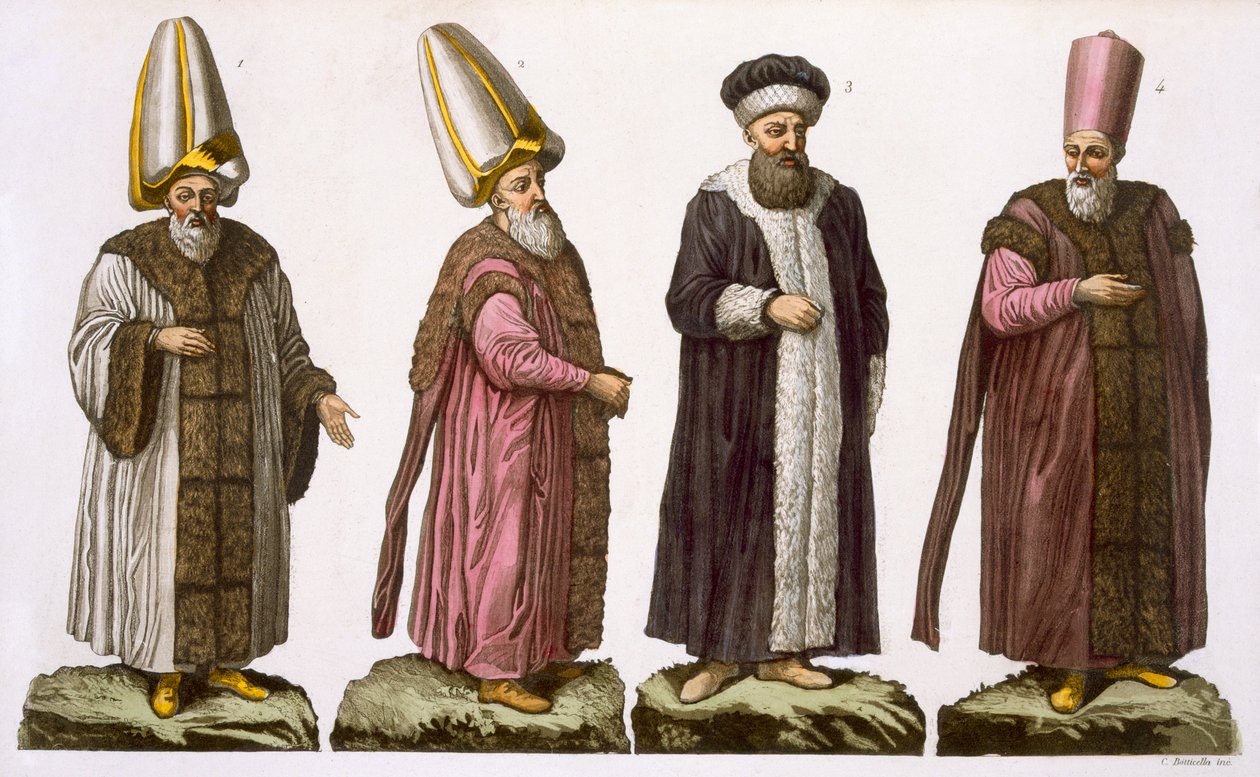 Grand Visir, Caim-Mecam, Reis-Efendi a Khodjakian, deska 15 z části III, svazek I Historie národů, vyryl C. Botticella (akvatinta) od Italian School