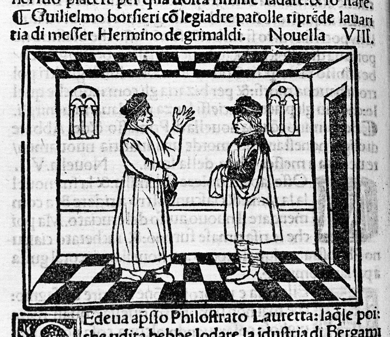 Grimaldiho lakomý Erminio čelí Guglielmu Borsiereovi, který se z něj snaží vytáhnout peníze jemnými slovy. Ilustrace k nové 61 (nové 8 prvního dne) „Dekameronu““ od Giovanniho Boccaccia dit Jean Boccaccia (1313-1375), italského spisovatele. Rytina od Italian School