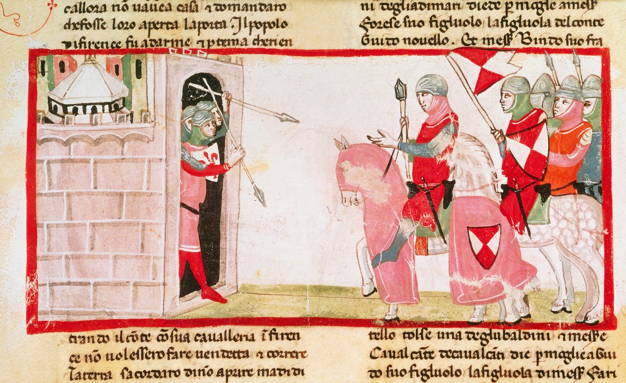 Guelfové brání Ghibellinám v opětovném vstupu do města, miniatura z Kroniky (kroniky) od Giovanniho Villaniho, rukopis, Itálie 14. století. od Italian School