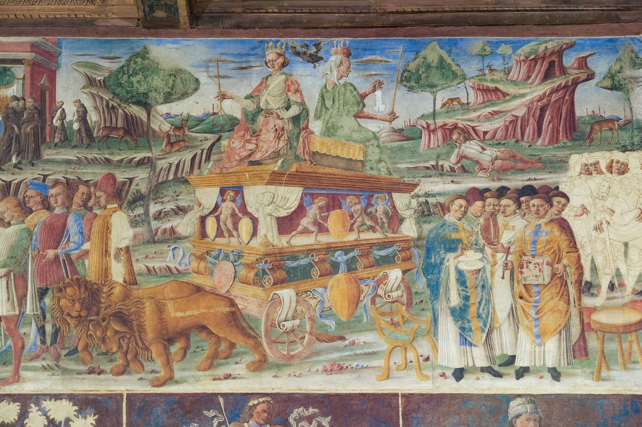 Hall of the Months, Northern Wall: "Červenec" s triumfem Jupitera a Cybele, cca 1468-70 (freska) od Italian School