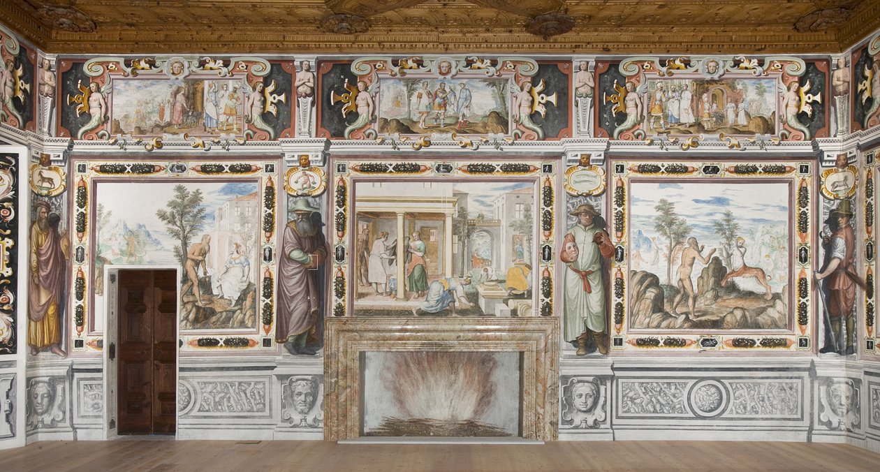 Hall of the Zodiac: Bohové trestající muže a mužské postavy představující měsíce v roce (freska) od Italian School