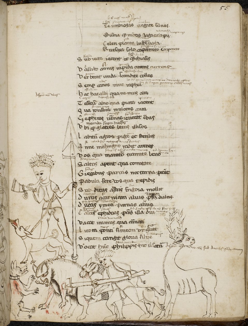 Harley 2453, f.55 Lovecká scéna s kancem, jelenem, lovci, psy a zajícem, z 