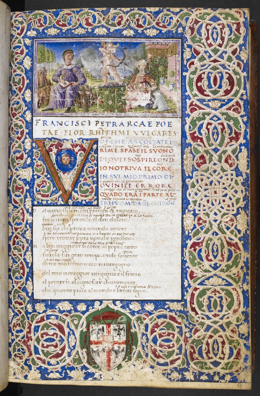 Harley 3567, f.9 Miniatura Petrarca a Laury, s láskou mířící šíp na Lauru, z 