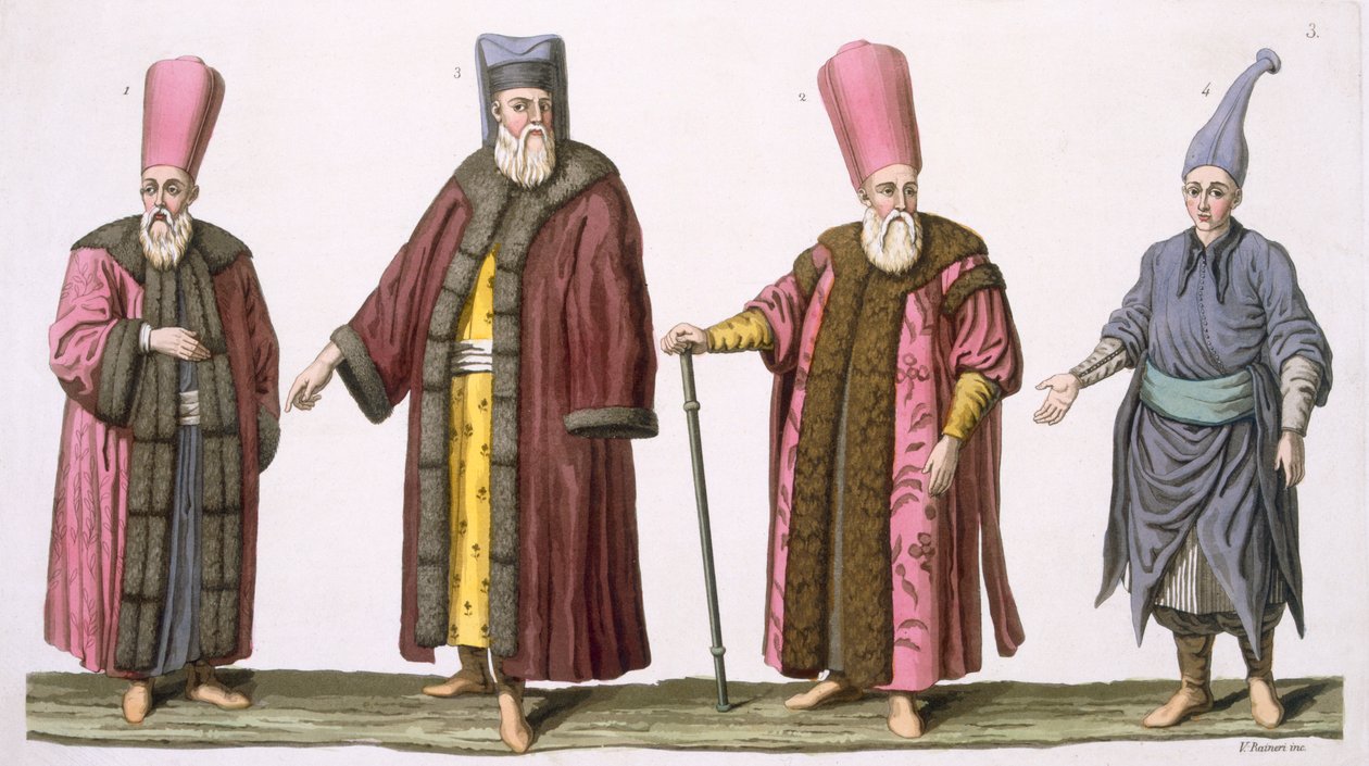 Hlavní zřízenec harému, kapitán zřízenců harému, harémský usher a Pageboy, deska 3 z části III, svazek I Historie národů, vyryl V. Raineri (akvatinta) od Italian School