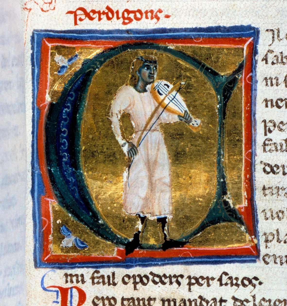 Dopis historika (písmeno A). Perdigonský trubadúr hraje starého muže. Miniatura převzata z rukopisu „“ Chansonnier provencal““ (Folio 36), napsané Perdigonem a zkopírované Ateliérem Benátky-Padua od Italian School