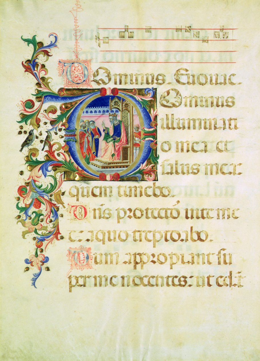 Historická iniciála „D“ zobrazující krále Davida na trůnu, jak mluví se skupinou mužů (vellum) od Italian School